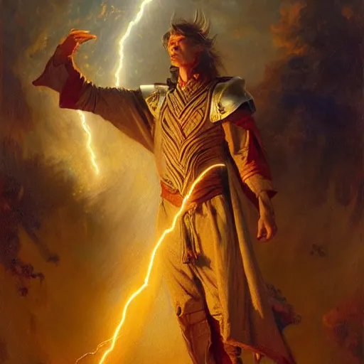 Prompt: stunning male master wizard summoning lightning, highly detailed painting by gaston bussiere, craig mullins, j. c. leyendecker, 8 k