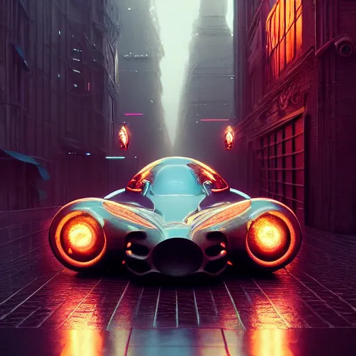 Image similar to cyborg cyber vintage supercar slick warm tones : by michal karcz, daniel merriam, victo ngai and guillermo del toro : ornate, dynamic, particulate, intricate, elegant, highly detailed, centered, artstation, smooth, sharp focus, octane render