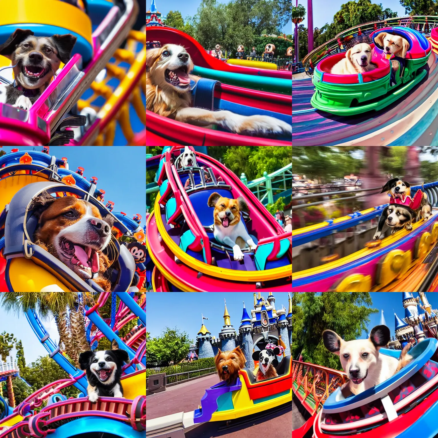 Prompt: a dog enjoying a rollercoaster ride at disneyland, wide shot, vibrant colors