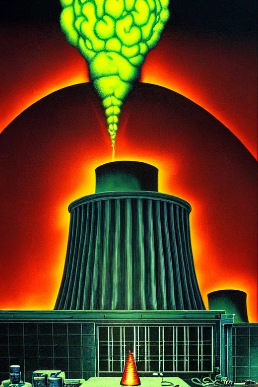 Prompt: a hyperrealistic detailed painting of a code red emergency at the nuclear power plant, radioactive meltdown radiation monster eating the laboratory by chris cunningham and richard corben, highly detailed, vivid color,