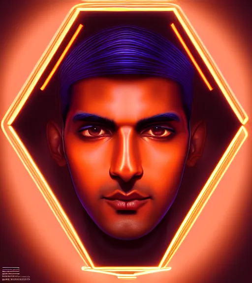 Image similar to symmetry!! indian prince of technology, solid cube of light, hard edges, product render retro - futuristic poster scifi, lasers and neon circuits, brown skin handsome indian prince, intricate, elegant, highly detailed, digital painting, artstation, concept art, smooth, sharp focus, illustration, dreamlike, art by artgerm