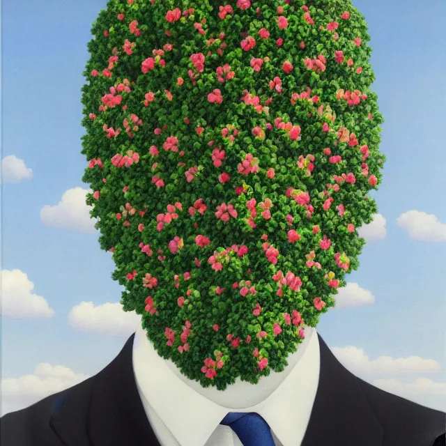 Prompt: portrait of a faceless beautiful flowers as head, man in a suit, clouds in the background, by rene magritte, detailed painting, distance, centered, hd, hq, high resolution, high detail, 4 k, 8 k