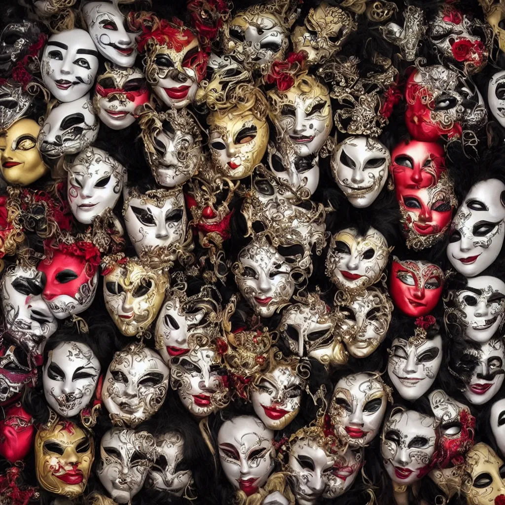 Prompt: An amalgamation of many faces is wearing Venetian masks, as a bizzare photo of the year portrait winning photography