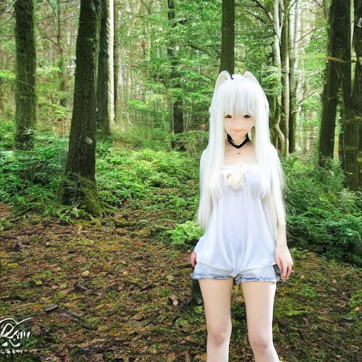 Image similar to a cute white long haired anime foxgirl in a forest