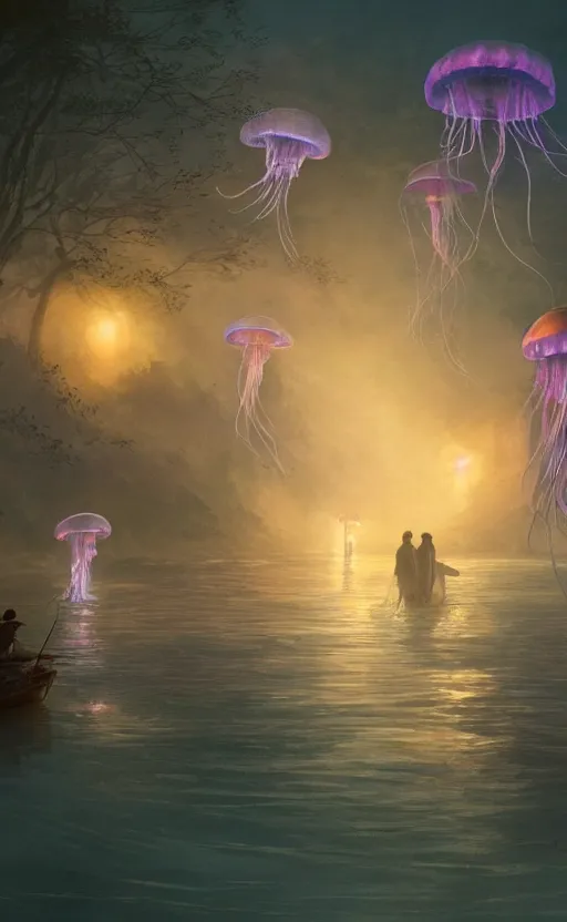 Image similar to glowing jellyfish immigration down a river, evocative, mystical night, detailed, award winning, masterpiece digital painting by Greg Rutkowski, Alex Grey, artstation, 4k wallpaper