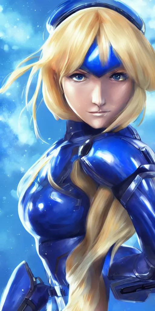 Prompt: Zero Suit Queens Gambit Samus, beautiful soft human features, blonde hair cut in a bob, striking blue eyes, anime cartoon style, Blue armor, artstation, rossdraws