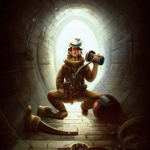 Prompt: beautiful plumber posing in tunnel portrait cinematic by peter mohrbacher