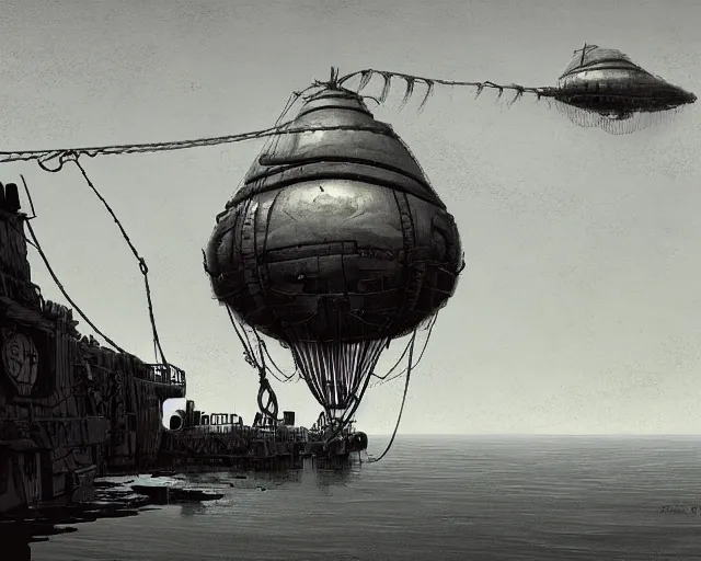 Prompt: Airship tied up to a floating dock, by Ian McQue