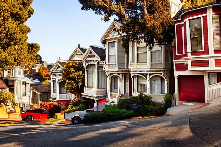 Image similar to typical San Francisco houses, award winning photograph, high exposure, golden hour, 15-30mm, panorama, autumn, car lights, photorealistic, 70's cars, 70's filter, shadows