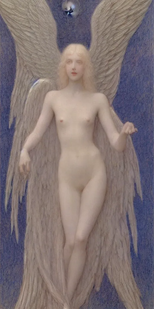 Prompt: Say who is this with silver hair so pale and Wan and thin? Feminine angel in the style of Jean Delville, Lucien Lévy-Dhurmer, Fernand Keller, Fernand Khnopff, oil on canvas, 1896, 4K resolution, aesthetic, mystery