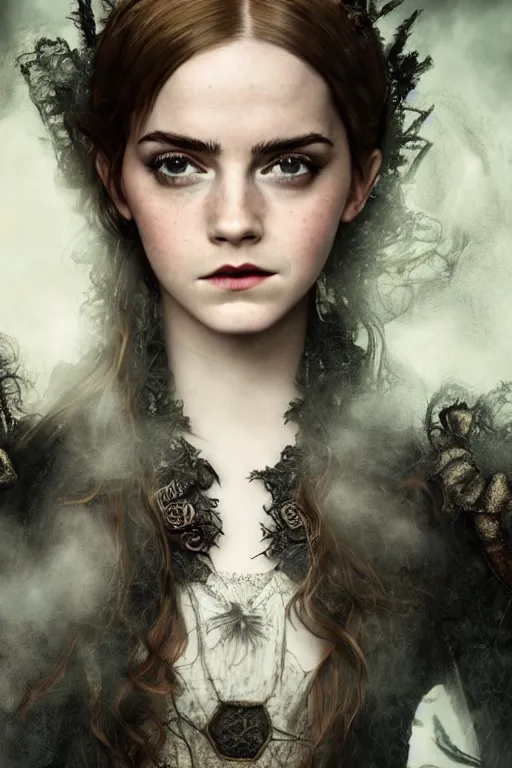 Image similar to a mix of of emma watson, anya taylor - joy and emma stone, evil sorceress witch, victorian manor house, hyperrealism, octane render, extremely detailed, intricate smoke magic, lace, style of mark ryden, earl nore, hyung tae, frank frazetta