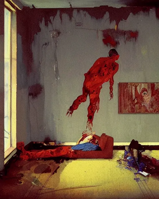 Image similar to old dead couple on couch in a decayed and ruined apartment room in the style of Francis Bacon and Syd Mead and Norman Rockwell and Beksinski, open ceiling, highly detailed, painted by Francis Bacon and Edward Hopper, painted by James Gilleard, surrealism, airbrush, very coherent, triadic color scheme, art by Takato Yamamoto and James Jean