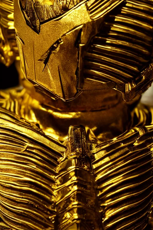 Prompt: high detail close up photography of ancient gold saiyan space armor.