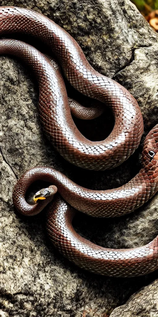 Image similar to real picture of a living ouroboro, infinity snake, eating it's own tail, on a dark rock background