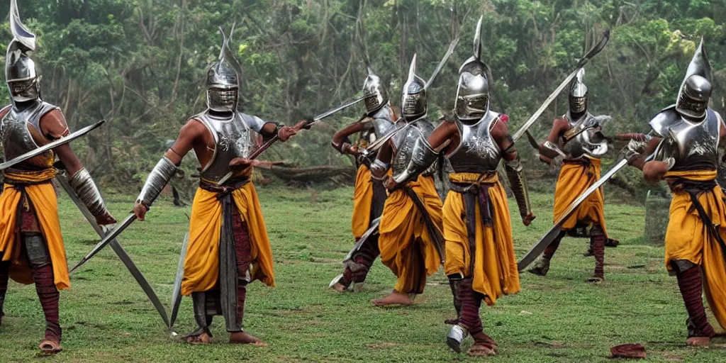 Image similar to sri lankan warriors with swords, film still, epic shot cinematography, rule of thirds, fantasy movie style