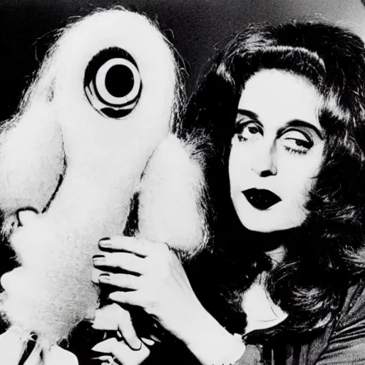 Image similar to 1976 a woman holding a hand puppet made out of human hair and cute eyes 16mm technicolor Almodovar John Waters Russ Meyer Doris Wishman old photo