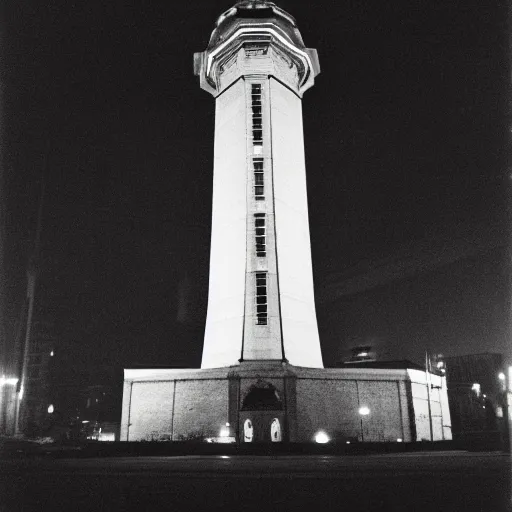 Prompt: Front view of panopticon tower, Shutter Speed, Neon lights, XAVC, Gelatin silver print, Panorama, Terry O'Neill