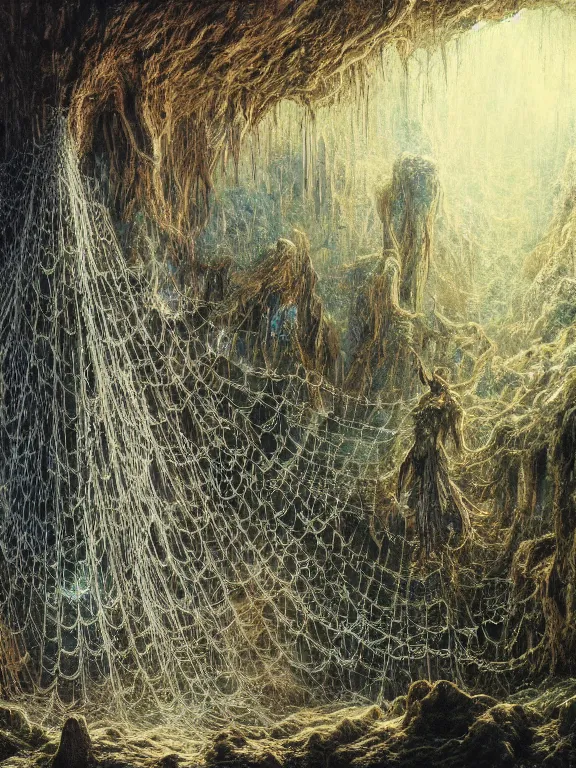 Prompt: A detailed painting of cobweb hanging on the eldritch forest cave,ethereal,maximalism,glittering,by Gustave Doré and peter gric,Trending on artstation,cgsociety,Ligne Claire, ominous, 4k, DSLR,vivid color