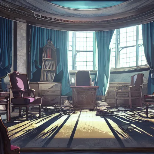 Image similar to interior of the burnt down oval office, anime fantasy illustration by tomoyuki yamasaki, kyoto studio, madhouse, ufotable, square enix, cinematic lighting, trending on artstation