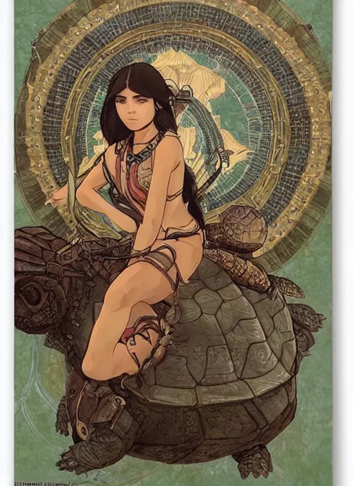 Image similar to portrait of a little warrior girl character sitting on top of a giant armored turtle in the desert, epic character with dark skin and beautiful green eyes. the girl has a very beautiful detailed symmetrical face, long black hair. the turtle has a big wise face and closed eyes, diffuse night light, dramatic landscape, fantasy illustration by mucha