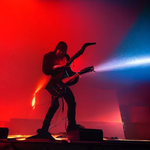 Image similar to Vivid Trent Reznor smashing guitars, group of people on stage playing instruments, elaborate stage effects, dust, smoke, giant LED screens, colored projections, ultrafine detail, cybersuit, glowing thin wires, smoke, high contrast, projections, holography, volumetric lighting