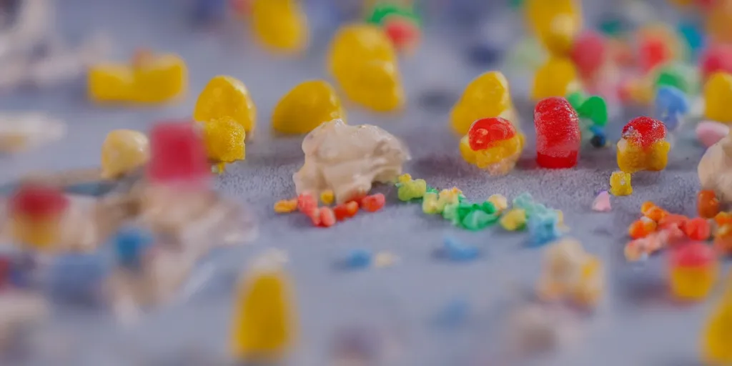 Image similar to a cinematic film still of a claymation stop motion film about a town made of lemons and candy, shallow depth of field, 8 0 mm, f 1. 8