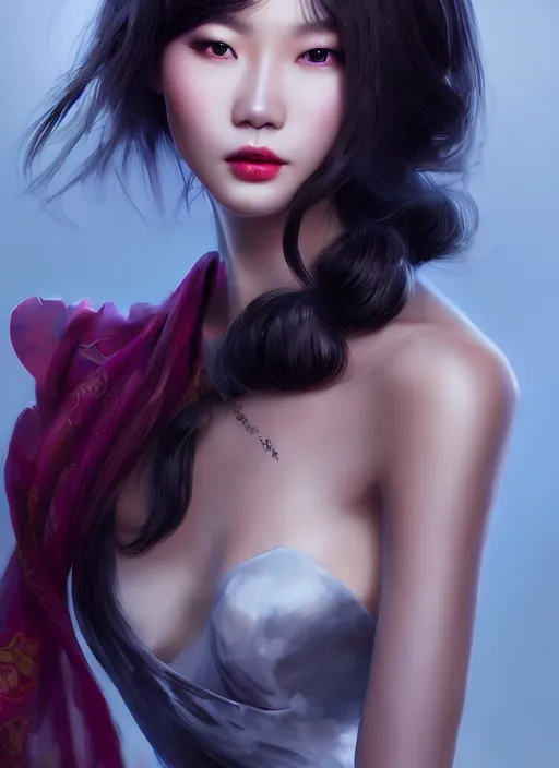 Prompt: beautiful chinese fashion goddness, strapless dress, character portrait in the style of thomas river and artgerm, wlop, cinematic lighting, hyperdetailed, 8 k realistic, symmetrical, global illumination, radiant light, halo, love and mercy, frostbite 3 engine, cryengine, dof, trending on artstation, digital art, chanel