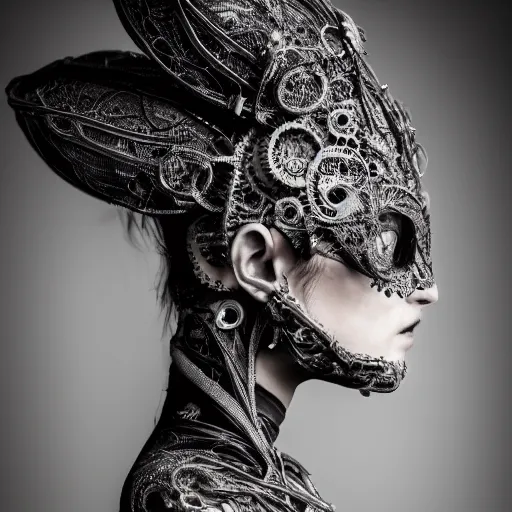 Prompt: a female harkonen model by stefan geselle and nekro borja, photorealistic, biomechanical, lace, intricate details, hyper realistic, ornate headpiece, photorealistic, canon r 3, photography, wide shot, photography, dark beauty, symmetrical features