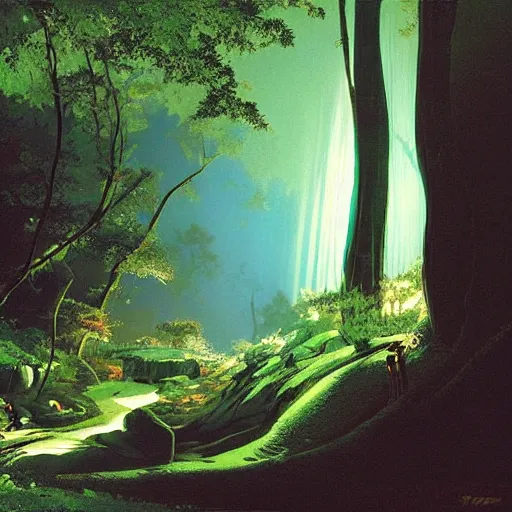 Prompt: mysterious cave entrance in dense forest, light coming through, night, beautiful, highlt detailed, by syd mead