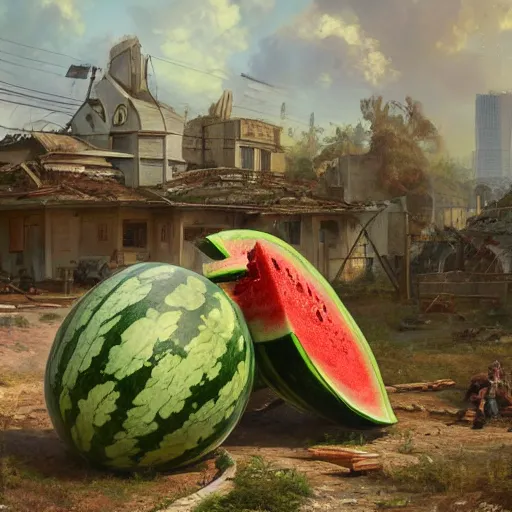 Prompt: Concept Digital Art Highly detailed Giant Watermelon war machine protecting Beautiful Ukrainian village by Taras Shevchenko and Stephen Hickman and Beeple. Very highly detailed 8K,Pentax 67, Kodak Portra 400, the golden ratio, photorealism rational painting