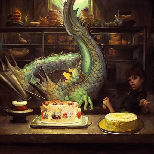 Prompt: Dragon made of cake, sleeping on the kitchen counter of a magical bakery, oil painting, by Fernanda Suarez and and Edgar Maxence and greg rutkowski