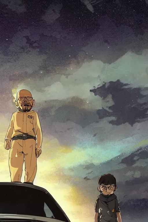 Image similar to walter white enjoying the view of a vast glimmering night sky, high intricate details, rule of thirds, golden ratio, cinematic light, 8 k, octane render, anime style, graphic novel by fiona staples and dustin nguyen, art by beaststars and orange, peter elson, alan bean, studio ghibli, makoto shinkai