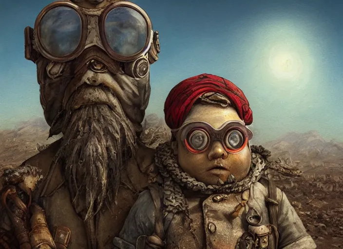 Image similar to a highly detailed forgotten garden gnome wearing goggles and head scarf surviving in a vast barren desert, hopeless wasteland background with a relentless raging sun overhead, hot, post - apocalyptic road warrior vibe, an ultrafine detailed painting by by karol bak and filip hodas, trending on deviantart, pop surrealism, whimsical, lowbrow, perfect symmetrical face, sharp focus, octane, masterpiece