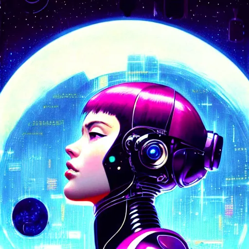 Image similar to side portrait scifi cyborg girl with robotic parts and spacesuit | | head only in center of image, audrey plaza, fine detail!! anime!! realistic shaded lighting!! poster by ilya kuvshinov katsuhiro otomo ghost - in - the - shell, magali villeneuve, artgerm, jeremy lipkin and michael garmash and rob rey