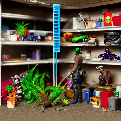 Image similar to garage with carnivorous plants on the shelves and packing peanuts on the floor, scene from tv show hyper detailed 5 5 mm 8 5 mm, toy photography, made out of plastic