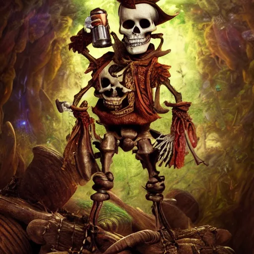 Image similar to pirate skeleton drinking beer by Annie Leibovitz M.W. Kaluta, josephine wall, green wood, nature, 8k resolution, octane render, Trending on artstation, by Justin Gerard and Haeckel. Artstation, volumetric light