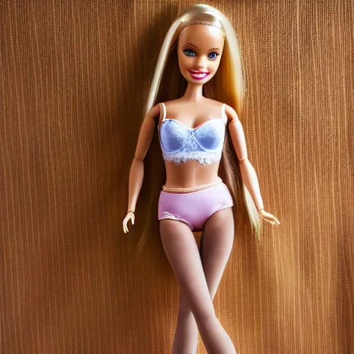 Prompt: barbie doll in panties and bra, nylon tights, lace, full length, several dolls in one photo, banana color, 4 k