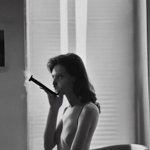 Image similar to Live Action Still of Jerma985 in a film of a beautiful model woman smoking a cigarette by the window, black and white, hyperrealistic, ultra realistic, realistic, highly detailed, epic, HD quality, 8k resolution, body and headshot, film still