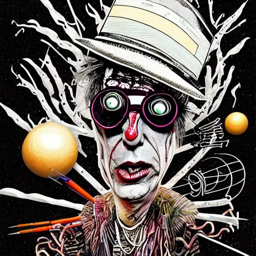 Prompt: graphic illustration, creative design, alice cooper, biopunk, francis bacon, highly detailed, hunter s thompson, concept art