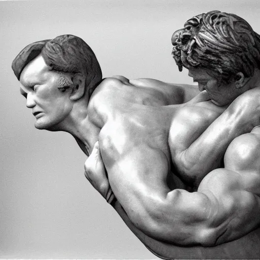 Image similar to conan o'brien and andy richter wrestling, by rodin, marble