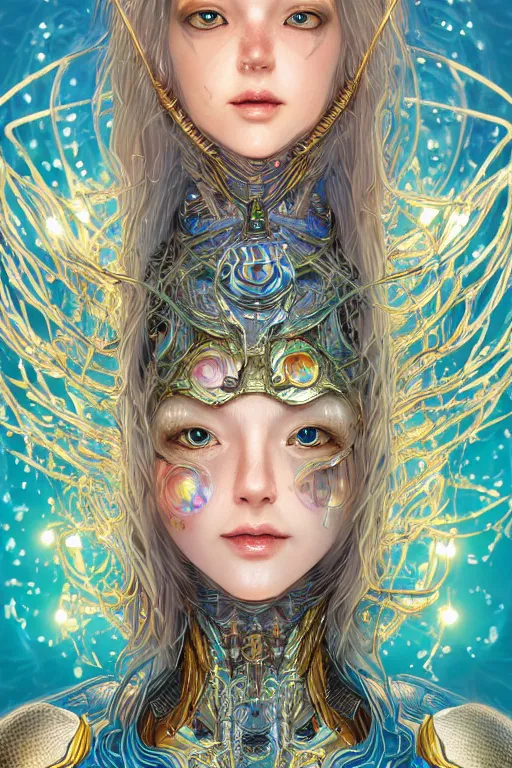 Image similar to Portrait of a psychedelic sci-fi goddess, third person, D&D, sci-fi fantasy, intricate, blue and gold, highly detailed , art by Range Murata, highly detailed, 3d, octane render, bright colors, digital painting, trending on artstation, sharp focus, illustration style of Stanley Artgerm,