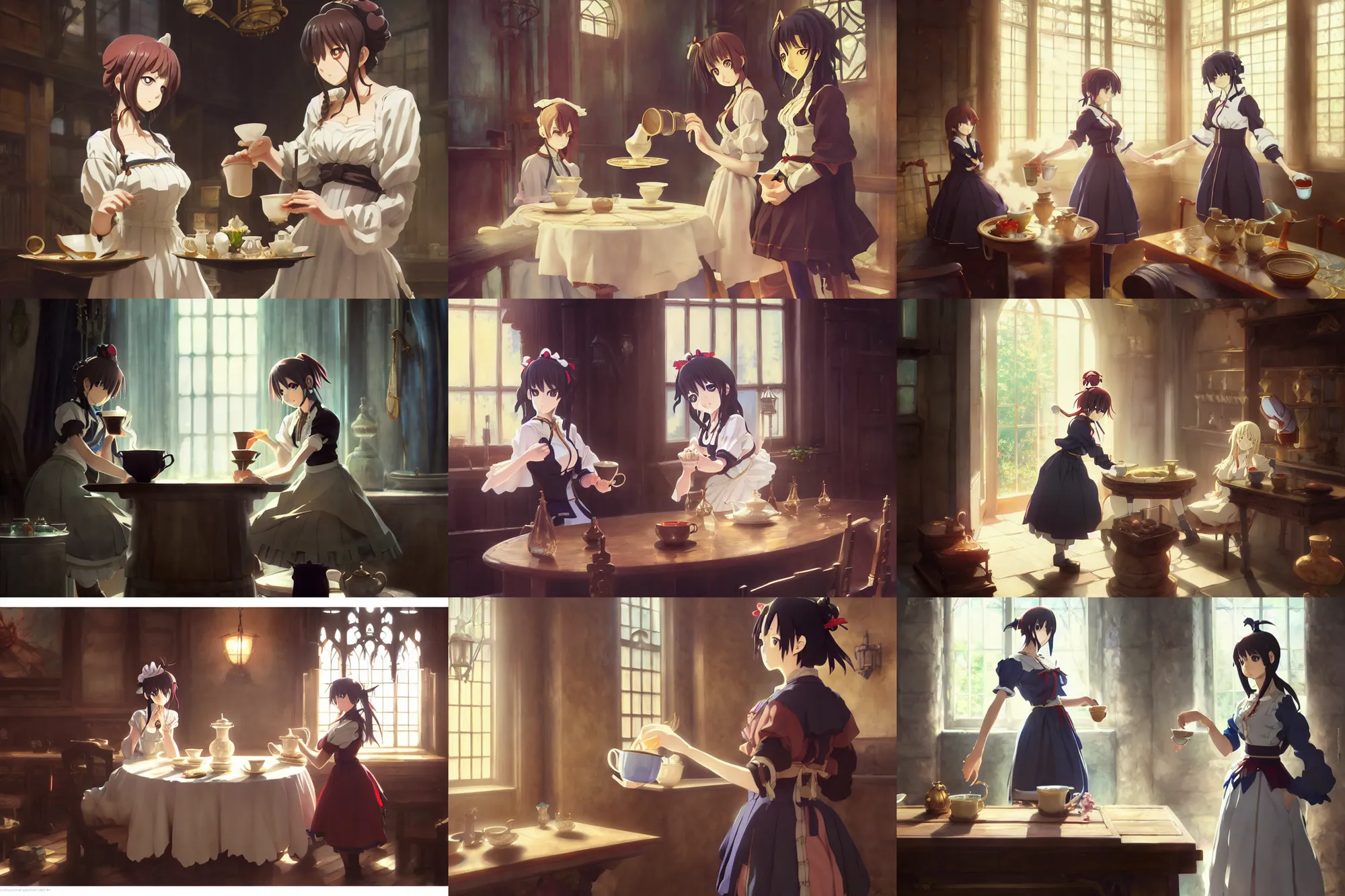 Image similar to anime key visual concept art of anime maid pouring tea gracefully, medieval european style noble manor interior, trending on artstation, brush strokes, oil on canvas, style of kawacy and makoto shinkai and greg rutkowski and studio ghibli