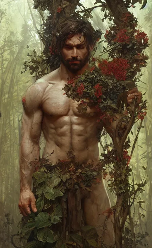 Image similar to god of the forest, 3 0 years old, rugged, male, gorgeous, detailed face, amazing, full body, flowers, muscular, intricate, highly detailed, digital painting, artstation, concept art, sharp focus, illustration, art by greg rutkowski and alphonse mucha