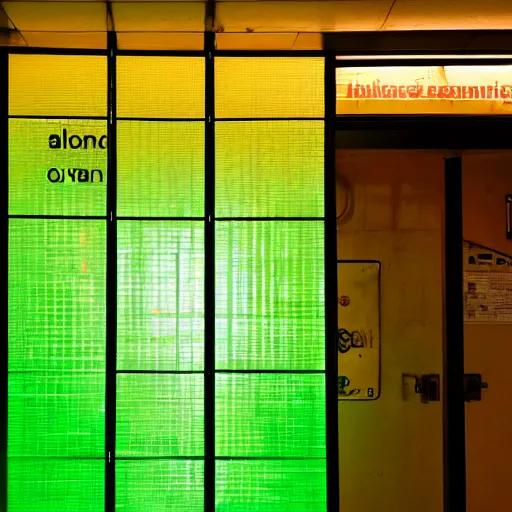 Image similar to a door with a hazardous green glow behind it. there is a sign above the door saying, caution do not enter