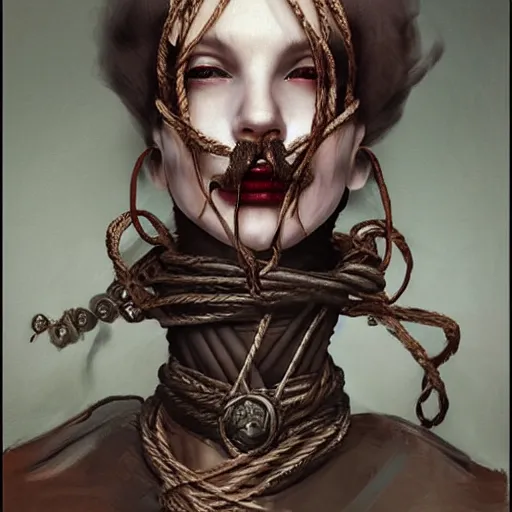 Image similar to portrait of a Shibari rope wrapped face and neck, headshot, insanely nice professional hair style, dramatic hair color, digital painting, of a old 15th century, old cyborg merchant, amber jewels, baroque, ornate clothing, scifi, realistic, hyperdetailed, chiaroscuro, concept art, art by Franz Hals and Jon Foster and Ayami Kojima and Amano and Karol Bak,