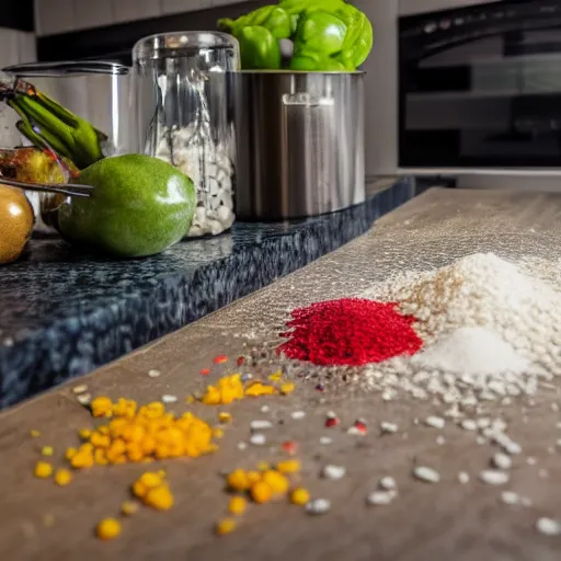 Image similar to photo of a kitchen counter with ingredients scattered across, highly detailed, high quality, HD, 4k, 8k, Canon 300mm, professional photographer, 40mp, lifelike, top-rated, award winning, realistic, sharp, no blur, edited, corrected, trending