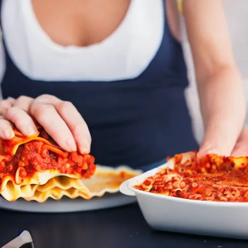 Image similar to woman cutting a lasagna in pieces