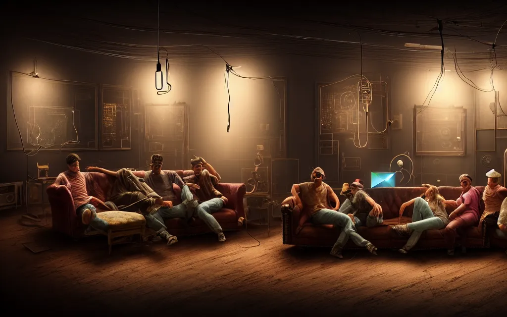 Image similar to A group of people sitting on an old couch in an old room with dusty antique furniture all around, very detailed, cyberpunk wires and oled monitors on the walls, digital displays and holographic projections, ultrarealistic, dramatic lighting, electrical details, high details, 4k, 8k, best, accurate, trending on artstation, artstation, photorealism, ultrarealistic, digital painting, style of Caravaggio, Boris Vallejo