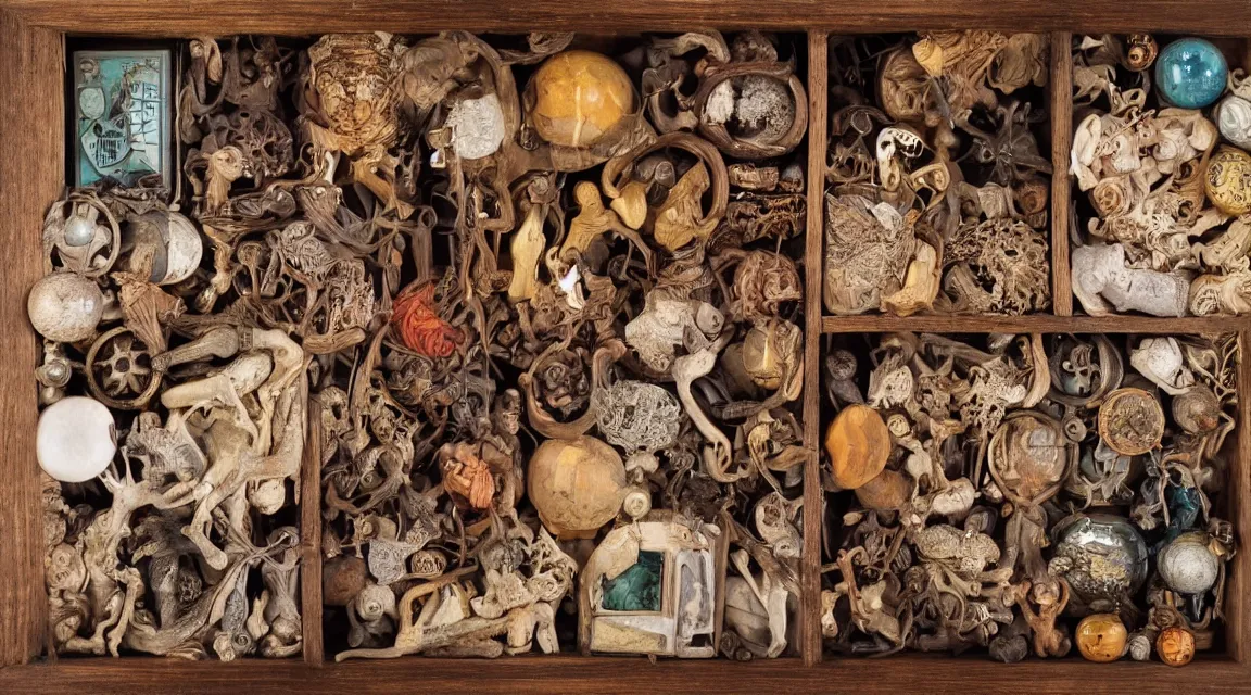 Image similar to wooden box with cabinet of curiosities filled with strange natural artifacts and wonders of the world, photorealistic, profesional photo, by Steve McCurry