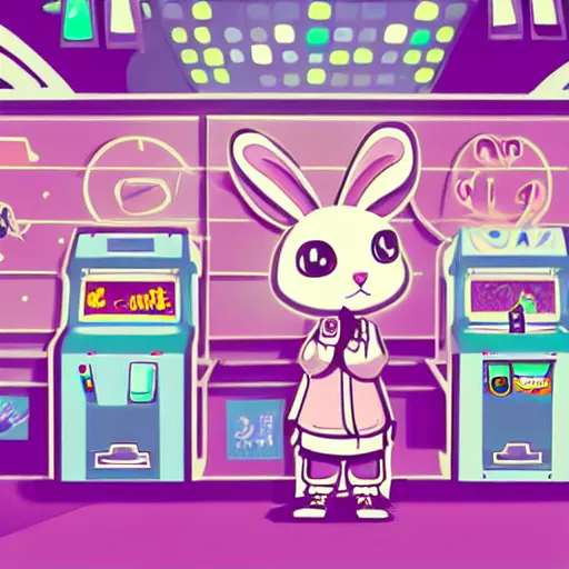 Prompt: a small, cute, white, anthropomorphic with pink eyes rabbit in an arcade, there are arcade machines in the background, the rabbit has a mischievous look on their face, digital art, high detail, vibrant colors, neon lighting, 8 k, chibi, anime, adorable